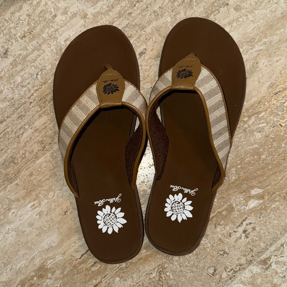 Yellow box flip flops
